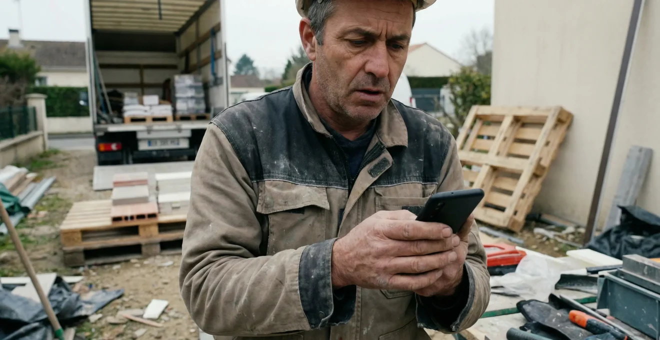 Artisan consultant son téléphone sur un chantier en attente de matériaux