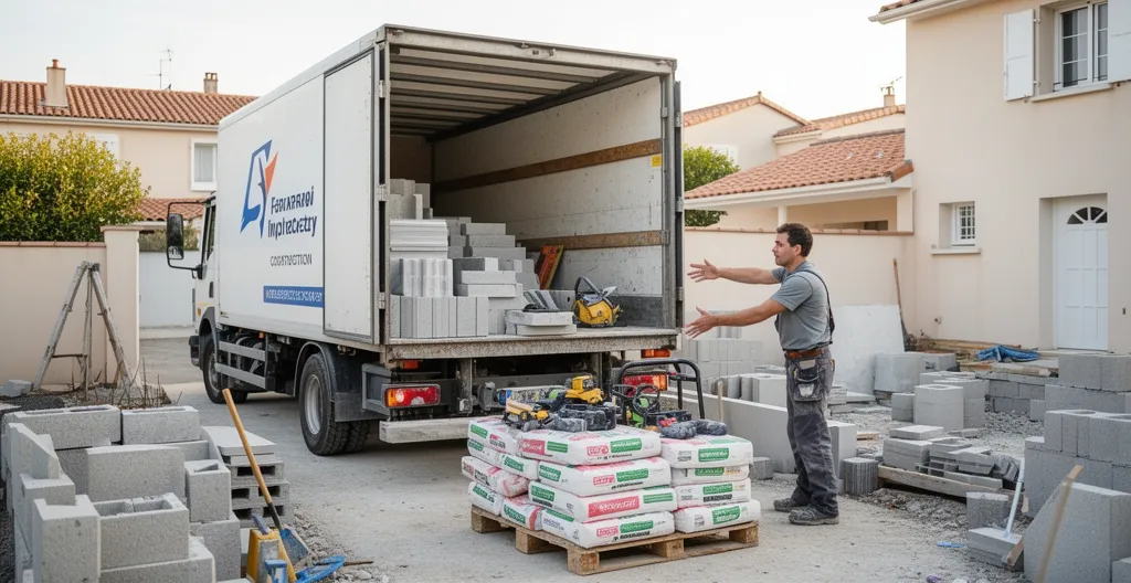 Camion de négoce déchargeant une palette complète de matériaux de construction