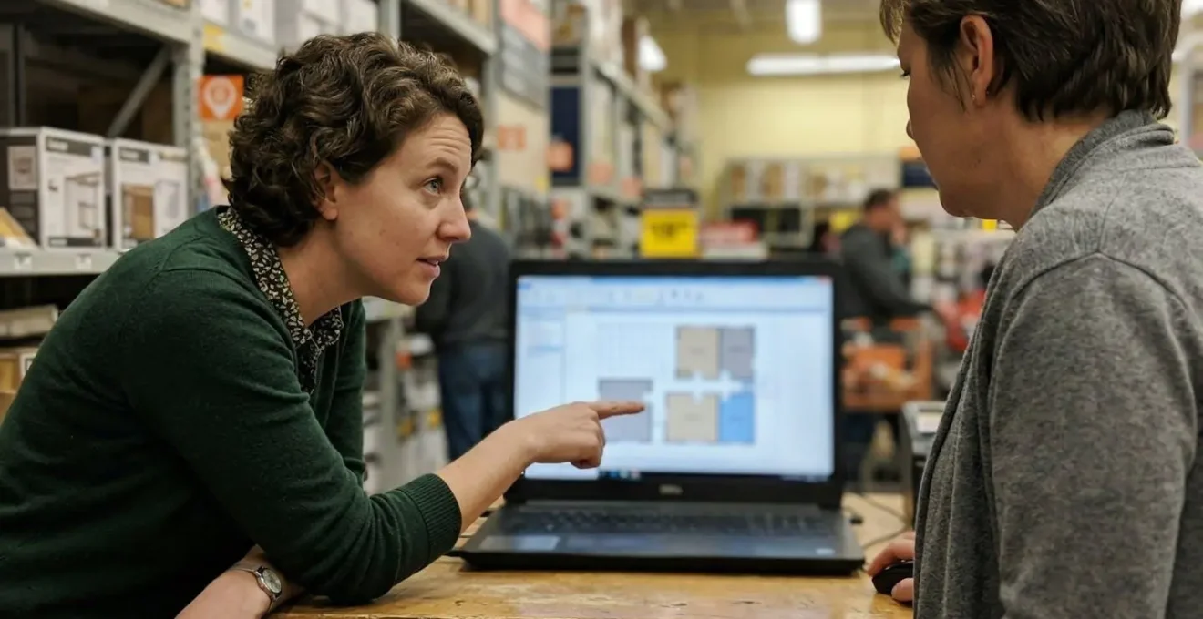 Un conseiller pointe du doigt un écran d'ordinateur montrant un plan d'aménagement flouté, un client penché regarde attentivement