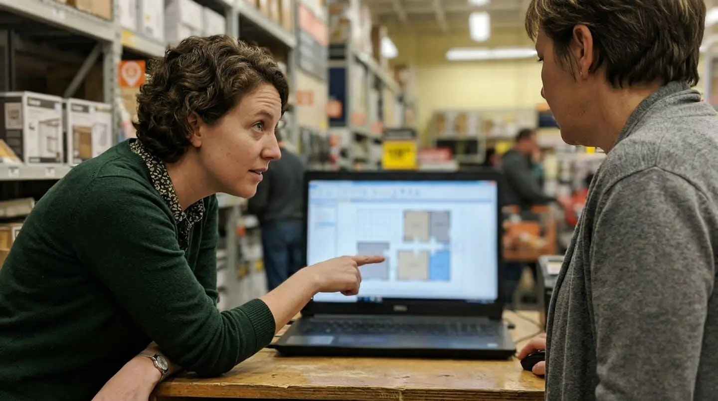 Un conseiller pointe du doigt un écran d'ordinateur montrant un plan d'aménagement flouté, un client penché regarde attentivement