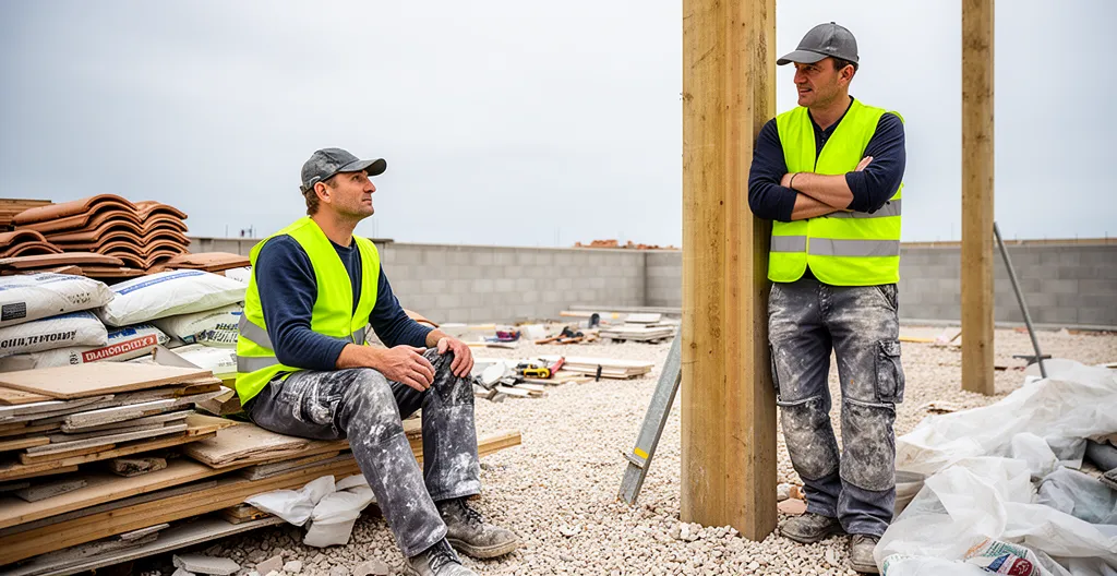 Ouvriers en pause imprévue attendant une livraison de matériaux