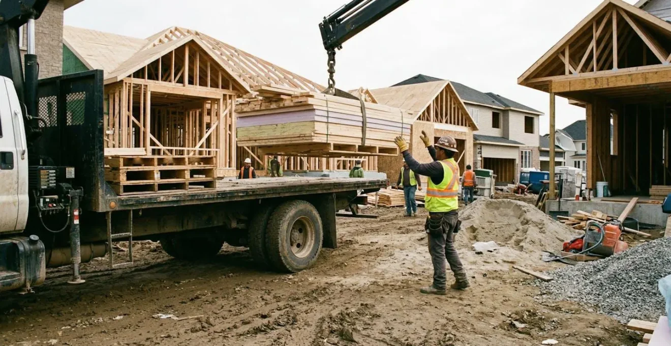 Un camion de livraison décharge des palettes de matériaux devant une maison en construction, un ouvrier guide la manœuvre