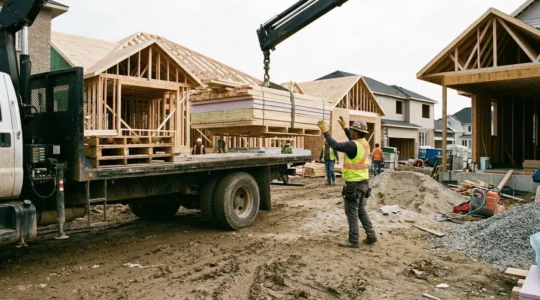 Un camion de livraison décharge des palettes de matériaux devant une maison en construction, un ouvrier guide la manœuvre