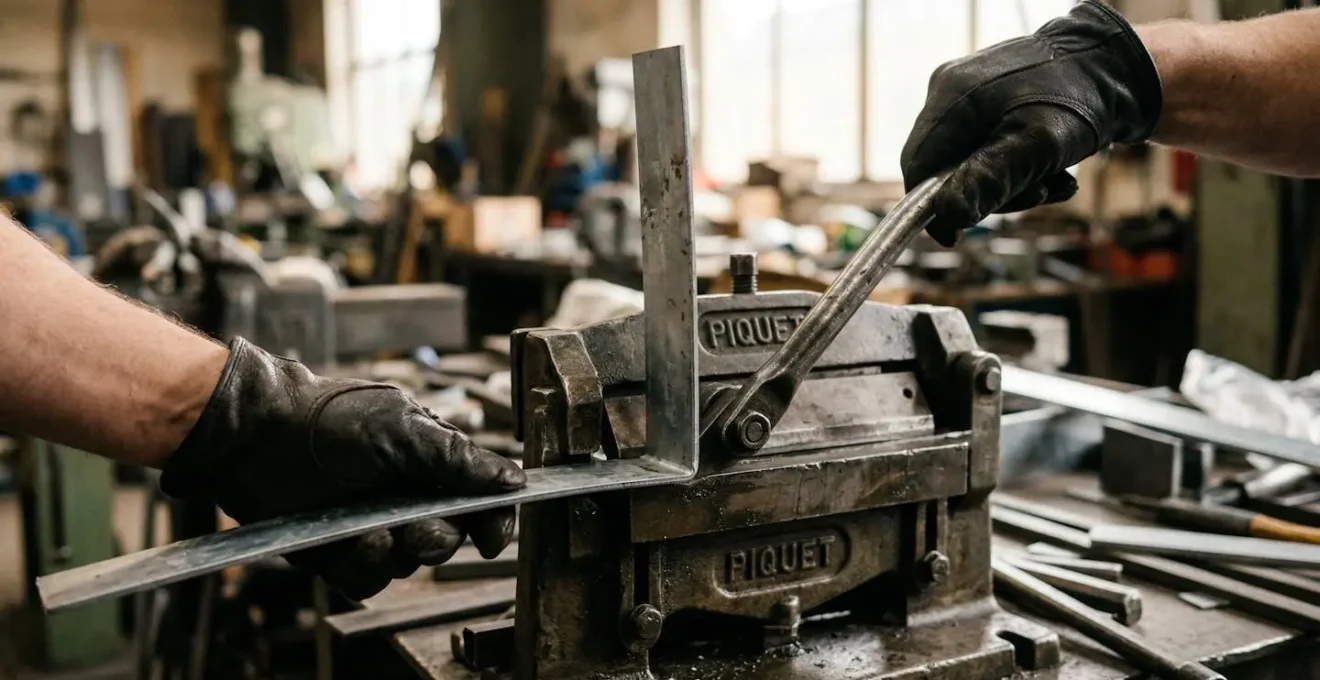 Des mains gantées manipulent une plieuse métallique avec une bande de zinc en cours de pliage