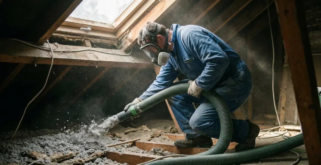 Un ouvrier en combinaison et masque souffle de la laine isolante dans des combles, le tuyau de la machine est visible