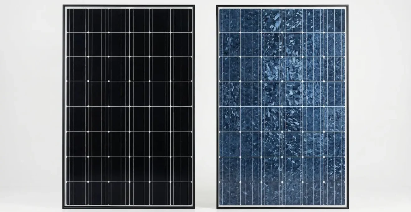 Comparaison côte à côte d'un panneau photovoltaïque monocristallin noir et d'un panneau polycristallin bleuté sur fond neutre