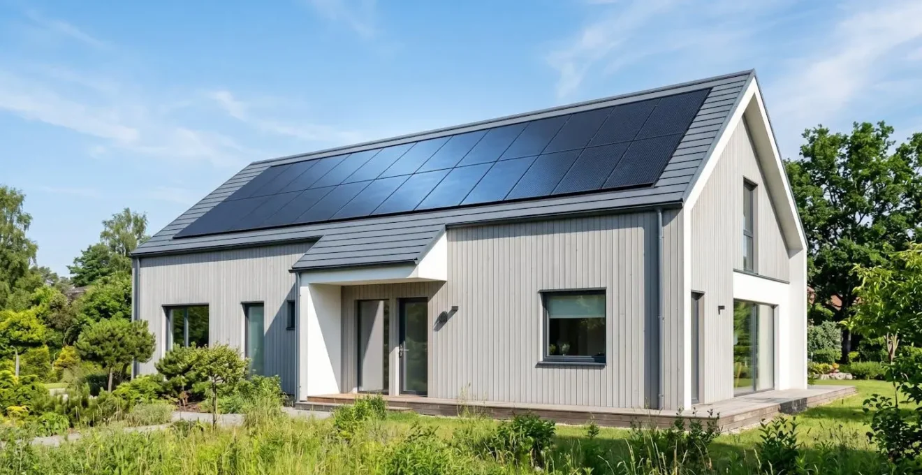 Maison contemporaine avec panneaux photovoltaïques noirs intégrés discrètement sur toit double pente, sous ciel bleu, entourée de végétation