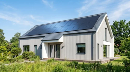 Maison contemporaine avec panneaux photovoltaïques noirs intégrés discrètement sur toit double pente, sous ciel bleu, entourée de végétation