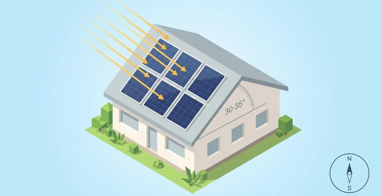 Schéma isométrique 3D d'une maison avec panneaux photovoltaïques orientés plein sud et inclinés à 30-35 degrés, rayons de soleil perpendiculaires