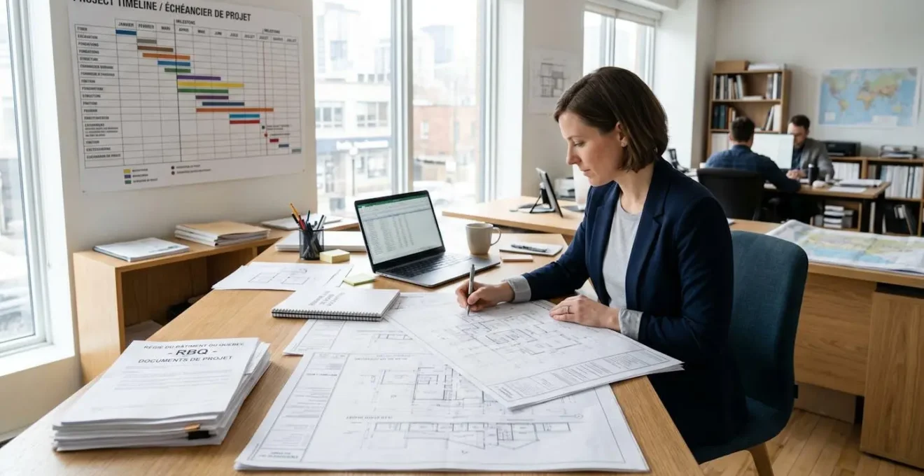 Bureau de planification avec plans de construction étalés, documents administratifs RBQ et timeline de projet affichée sur mur