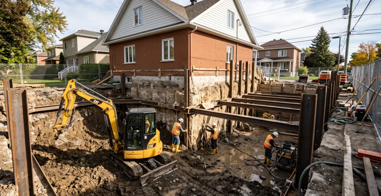 Chantier d'excavation de sous-sol montrant une mini-pelle travaillant dans l'espace restreint d'un sous-sol résidentiel avec étaiement de sécurité et ouvriers en équipement de protection