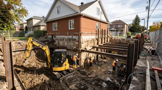 Chantier d'excavation de sous-sol montrant une mini-pelle travaillant dans l'espace restreint d'un sous-sol résidentiel avec étaiement de sécurité et ouvriers en équipement de protection