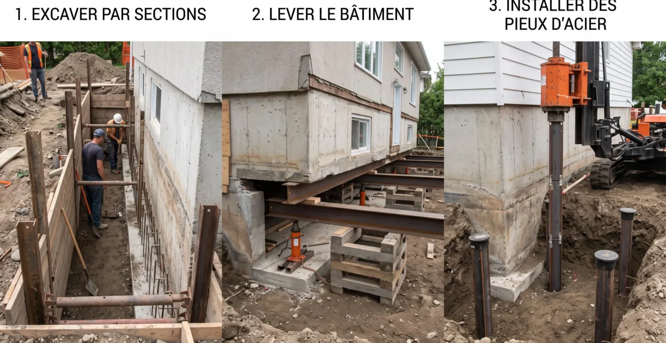 Séquence montrant trois techniques de travaux en sous-œuvre : excavation par sections à gauche, levage de structure au centre, installation de pieux d'acier à droite