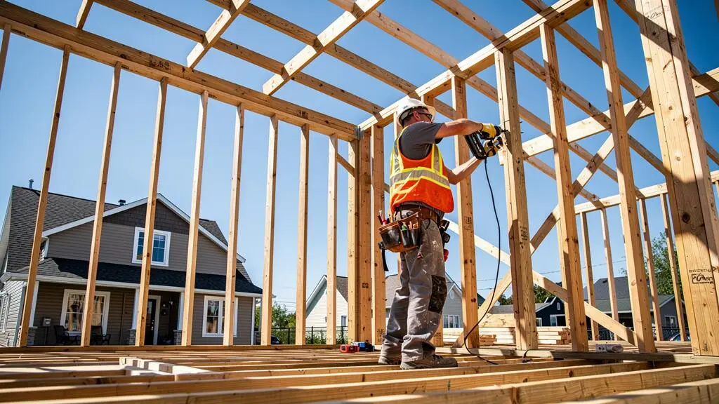 Charpentier assemblant l'ossature de bois d'un agrandissement résidentiel ou garage