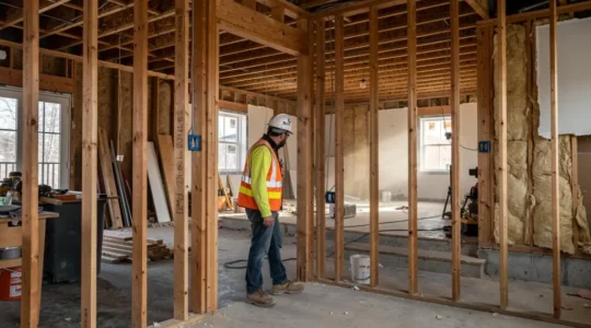 Entrepreneur général inspectant une rénovation résidentielle majeure avec murs démolis et structure de bois apparente