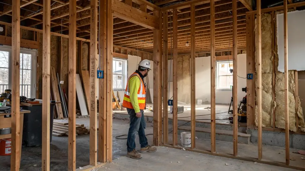 Entrepreneur général inspectant une rénovation résidentielle majeure avec murs démolis et structure de bois apparente