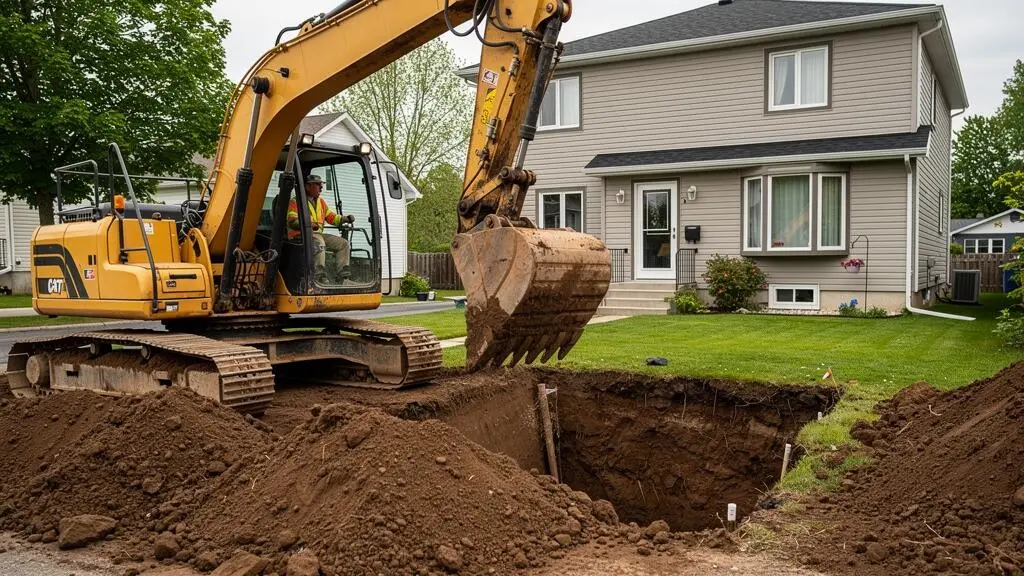 Excavatrice creusant le sol pour agrandissement de sous-sol près d'une maison résidentielle québécoise