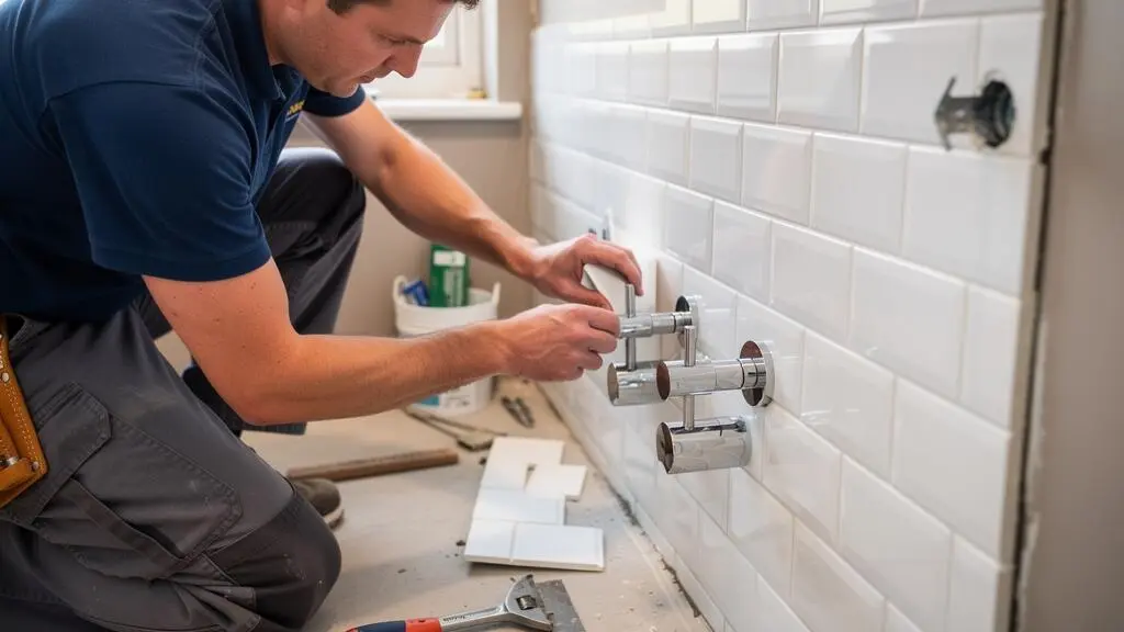 Artisan installant carrelage ou fixtures lors de la rénovation d'une salle de bain résidentielle