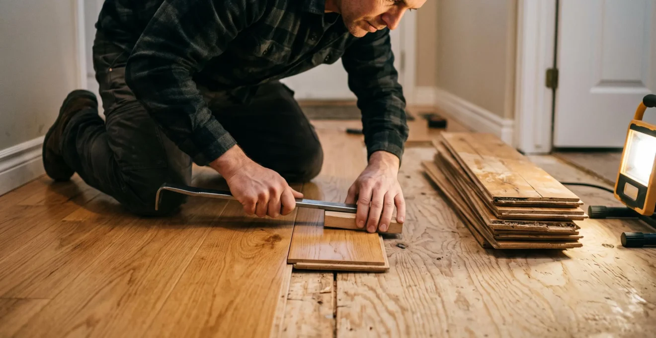 Un professionnel de plancher installe une nouvelle lame de bois d'ingénierie sur un sous-plancher exposé lors d'une réparation.